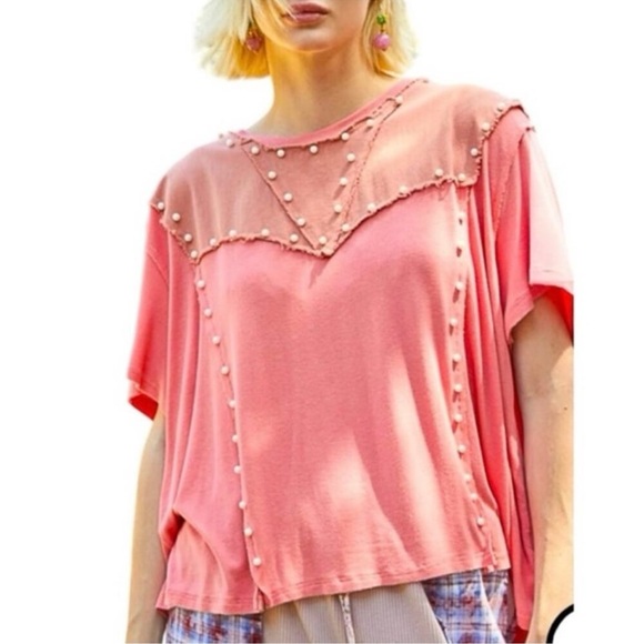 POL Tops - POL Oversize Pearl Embellished Ribbed Top Size Small Watermelon Pink